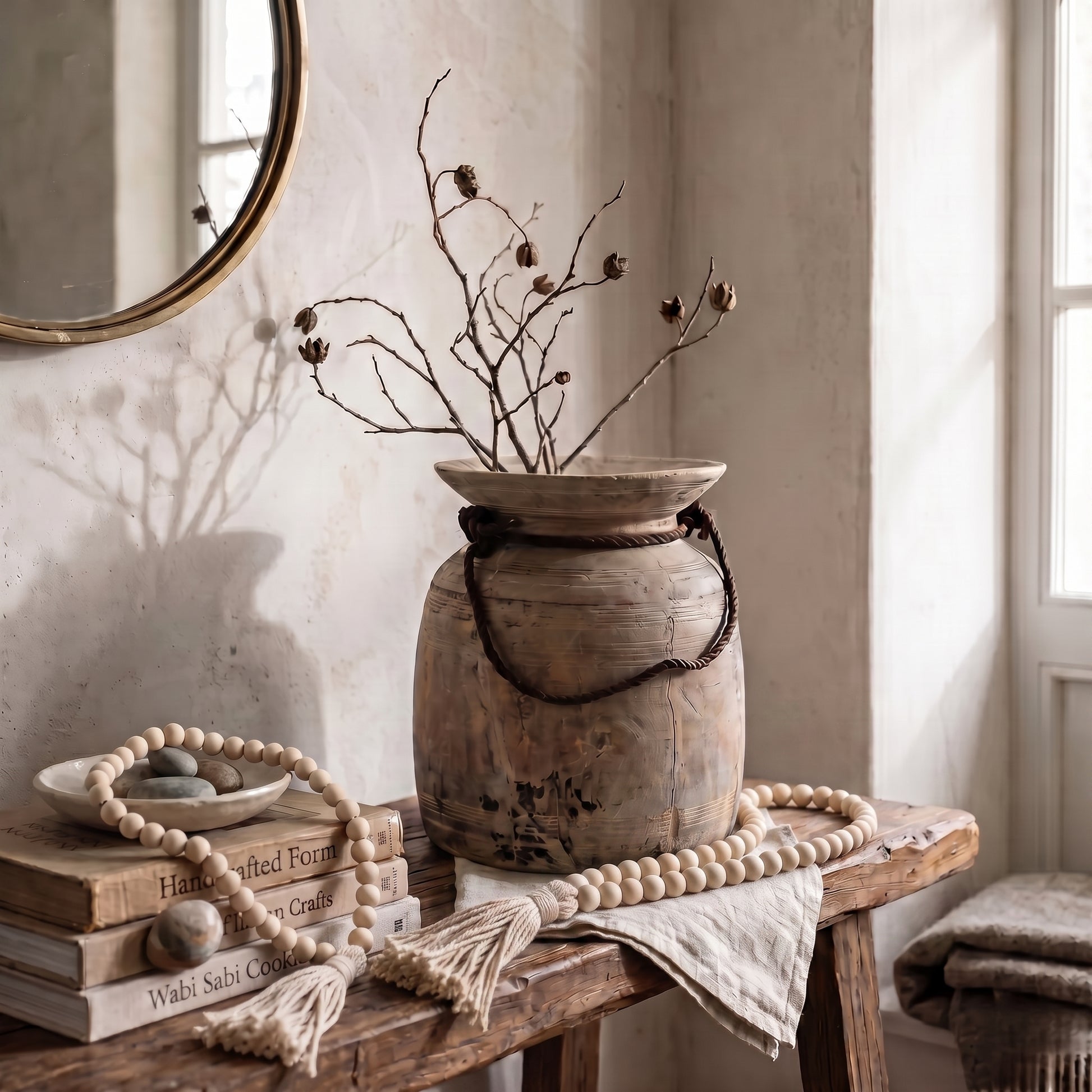 A rustic beige ceramic vase with a dark rope handle sits on a wooden table in a sunlit room, holding dried branches. A matching beige bead garland with tassels is draped across the table, alongside stacked books and a small dish of stones.