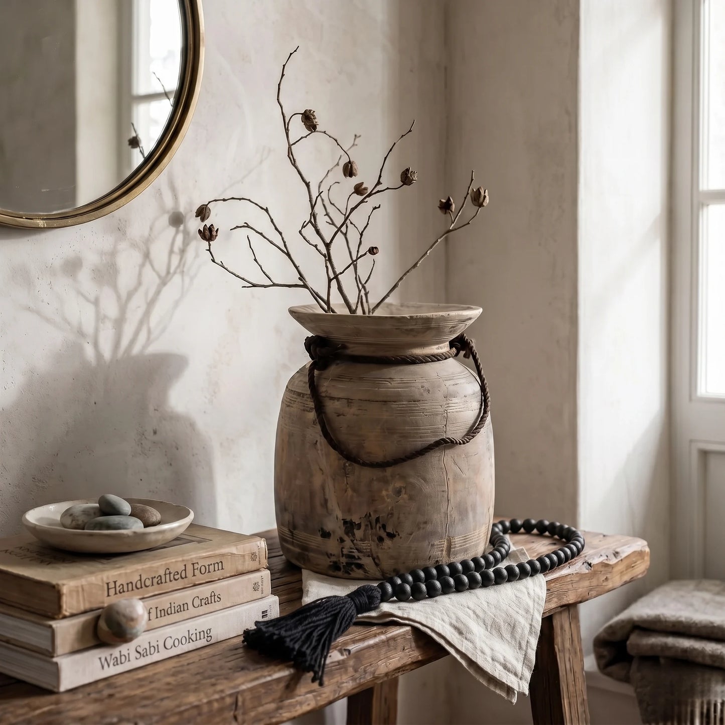 A rustic beige ceramic vase with a dark rope handle and dried branches inside, styled on a wooden bench next to books, a mirror, and a black beaded necklace in a softly lit interior.