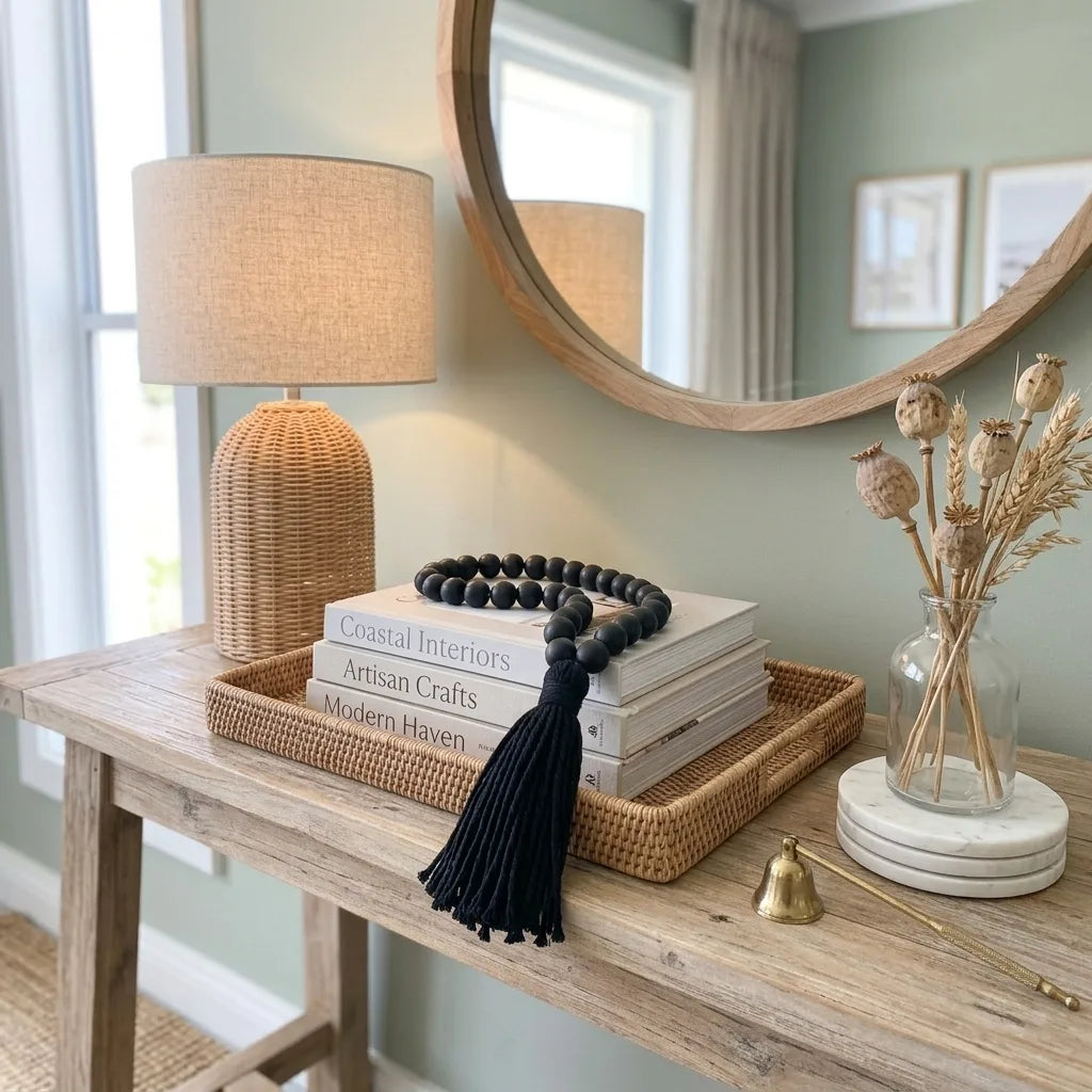 A styled home decor entryway scene featuring a round wooden-framed mirror, a woven rattan table lamp, a stack of books, a black beaded tassel necklace, a wicker tray, and a glass vase with dried grasses on a rustic wooden console table.