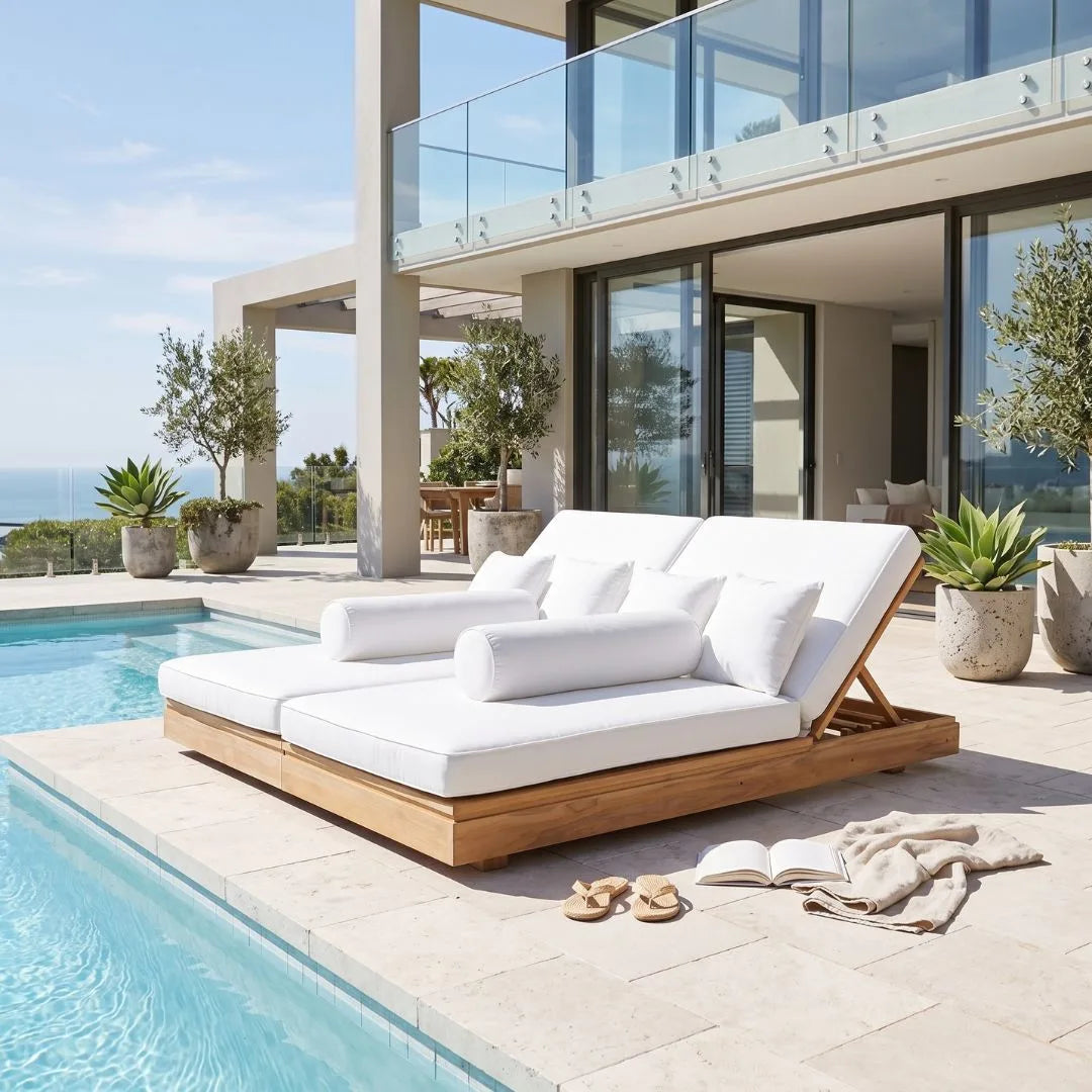 A modern outdoor chaise lounge with white cushions and a light wood frame sits beside a swimming pool on a tiled patio in front of a contemporary house.