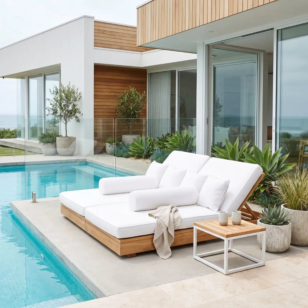 A modern outdoor chaise lounge with white cushions and a light wood frame sits beside a swimming pool on a patio, styled with white pillows, a beige throw blanket, and a small wooden side table in front of a contemporary house.