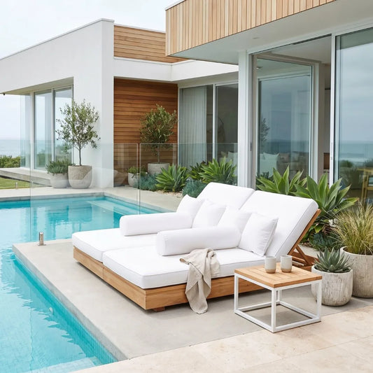 A modern outdoor chaise lounge with white cushions and a light wood frame sits beside a swimming pool on a patio, styled with white pillows, a beige throw blanket, and a small wooden side table in front of a contemporary house.