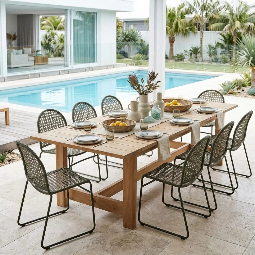 A rectangular wooden dining table set with eight woven-back chairs, styled with plates, glasses, and lemons, positioned on a stone patio next to a swimming pool.