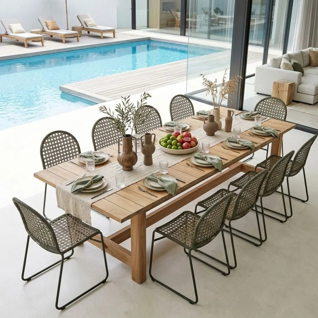 An outdoor dining table set with woven chairs, place settings, vases, and a fruit bowl, positioned beside a swimming pool in a modern patio setting.