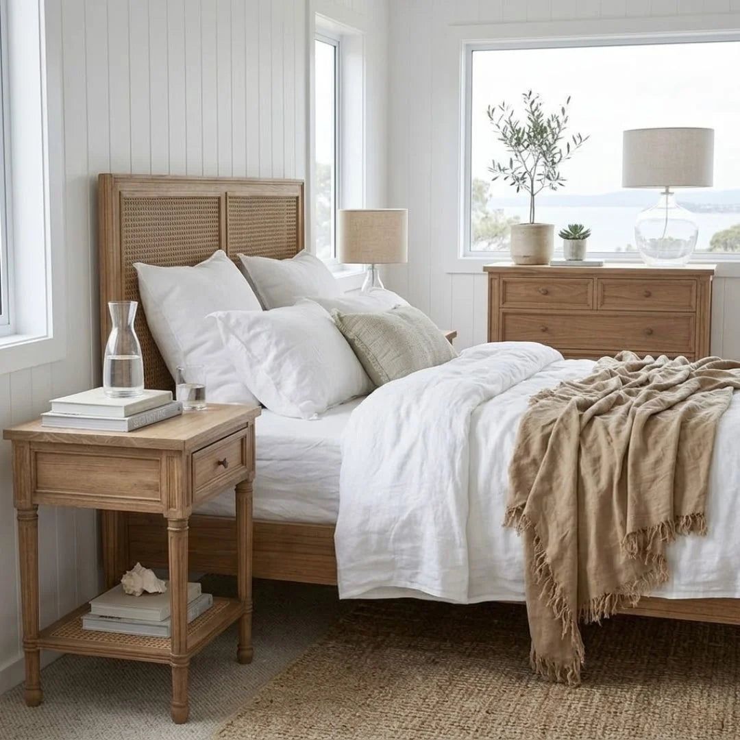 Bedroom with wooden headboard and nightstands, white bedding, and a view of water through window.