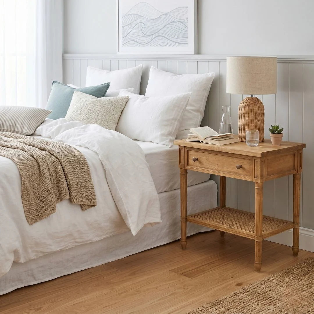Bedroom with wooden nightstand, lamp, and decor