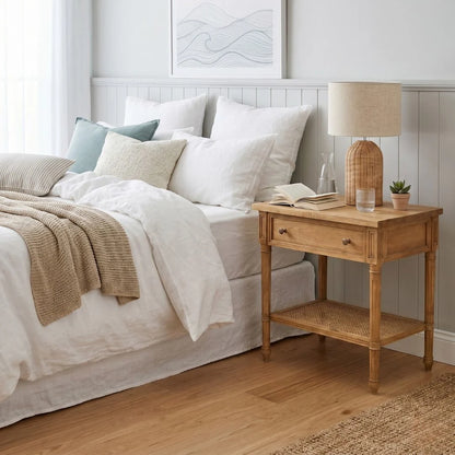 Bedroom with wooden nightstand, lamp, and decor