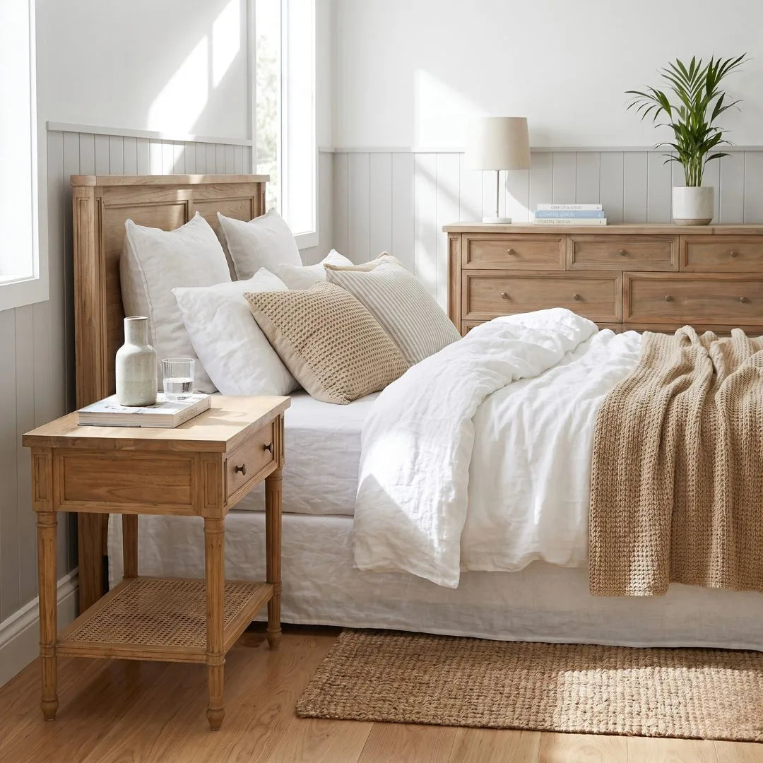 Bedroom with Sun Republic Cayman weathered Oak nightstand, bed and dresser.