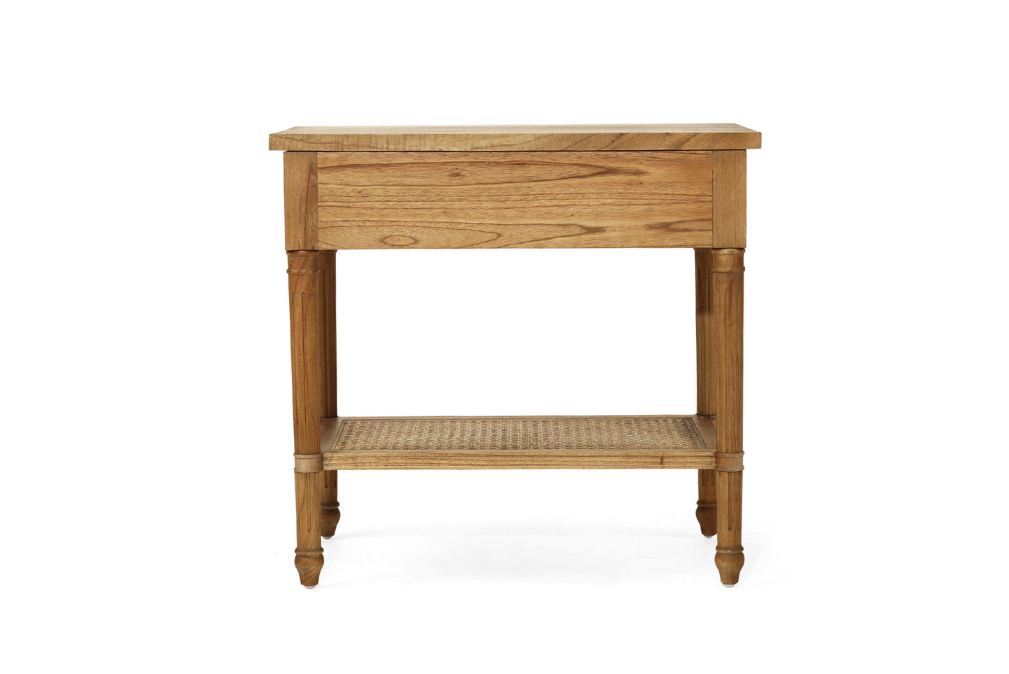 Wooden side table with a woven shelf on a white background