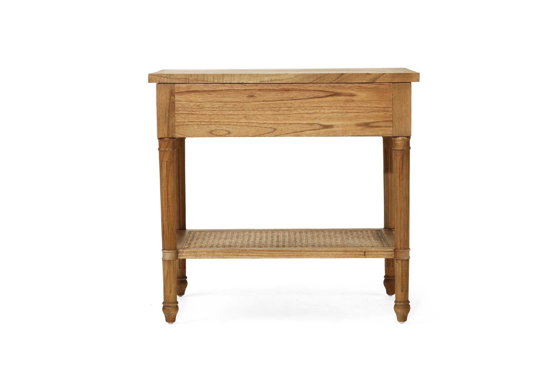 Wooden side table with a woven shelf on a white background