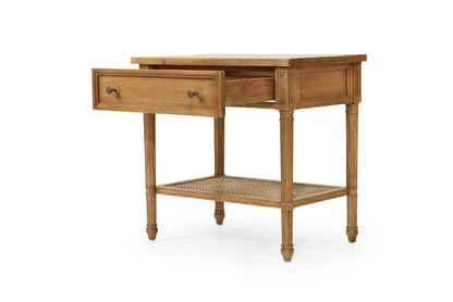 Wooden side table with two drawers on a white background