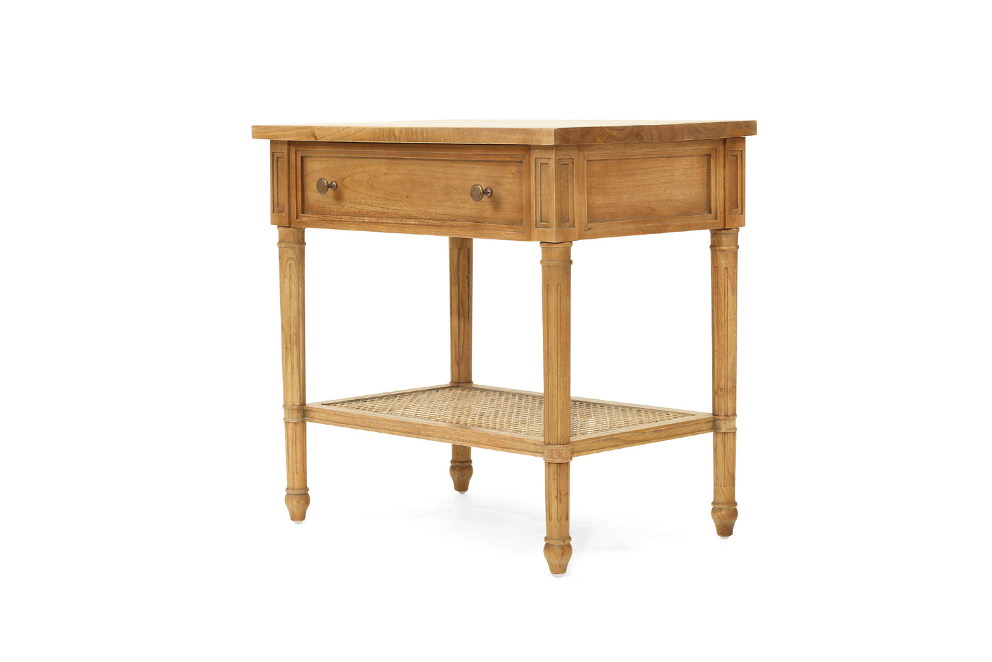 Wooden side table with a woven shelf on a white background