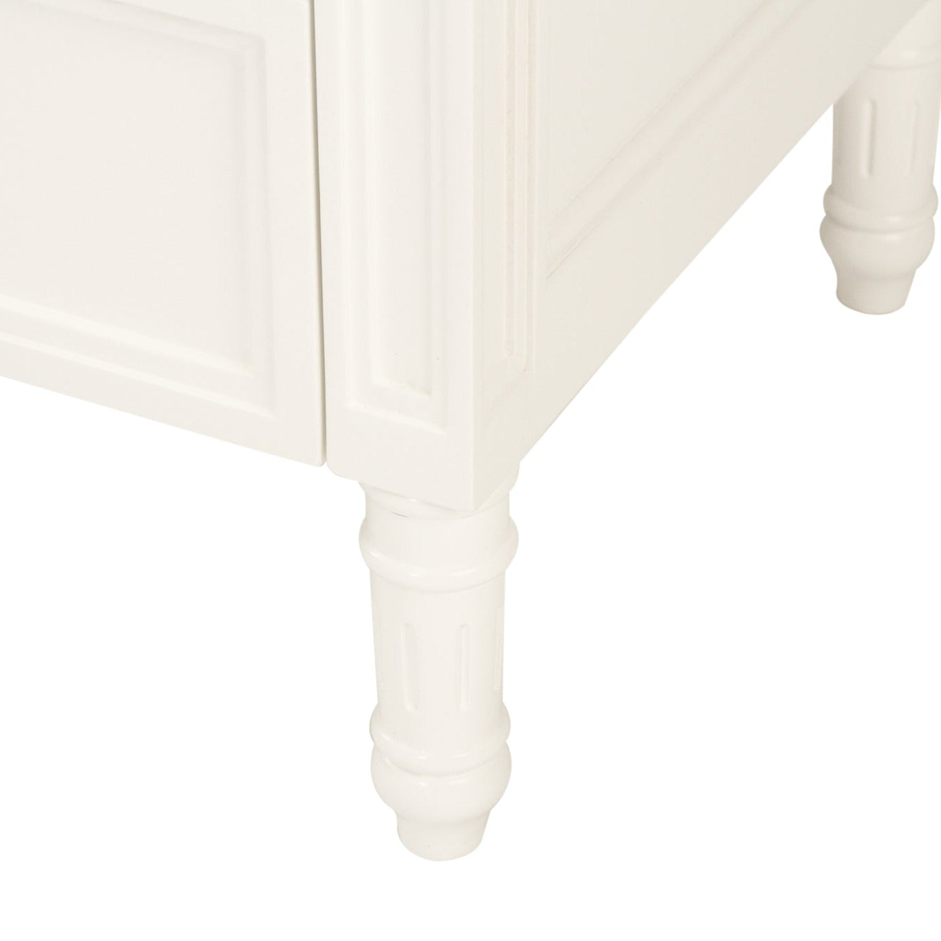 Close-up of a white wooden table leg on a white background