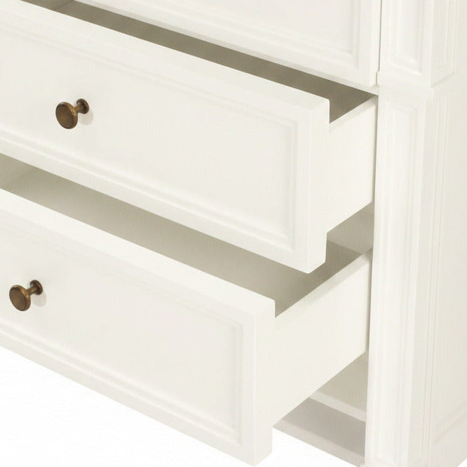 Close-up of a white wooden cabinet with a brass handle.