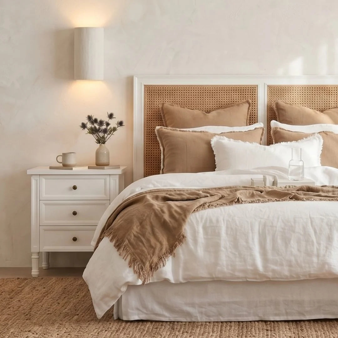 Neatly made bed with beige and white bedding in a bedroom setting.