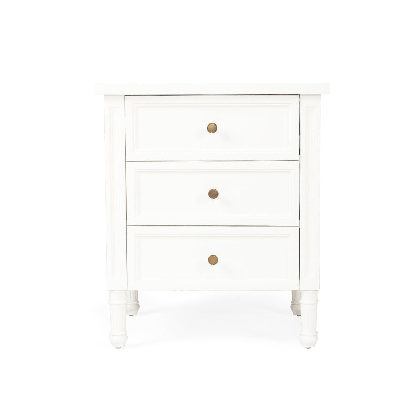 White nightstand with three drawers on a white background