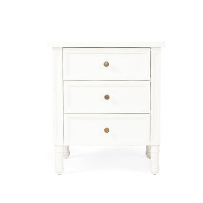 White nightstand with three drawers on a white background