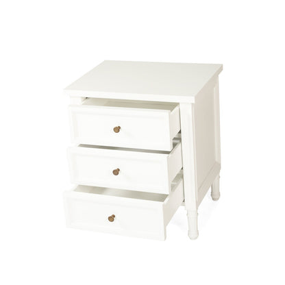 White nightstand with two drawers on a white background