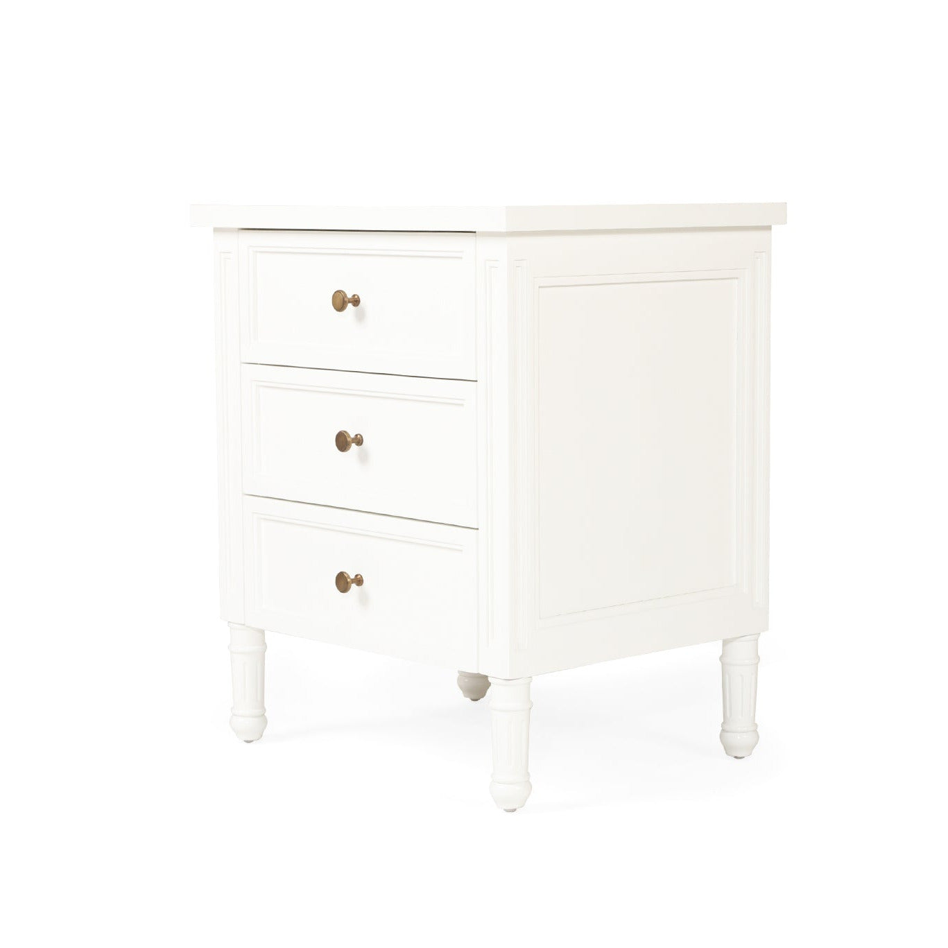 White nightstand with two drawers on a white background