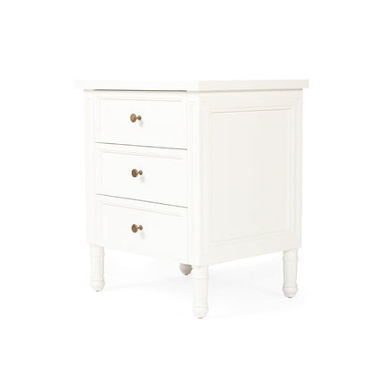 White nightstand with two drawers on a white background