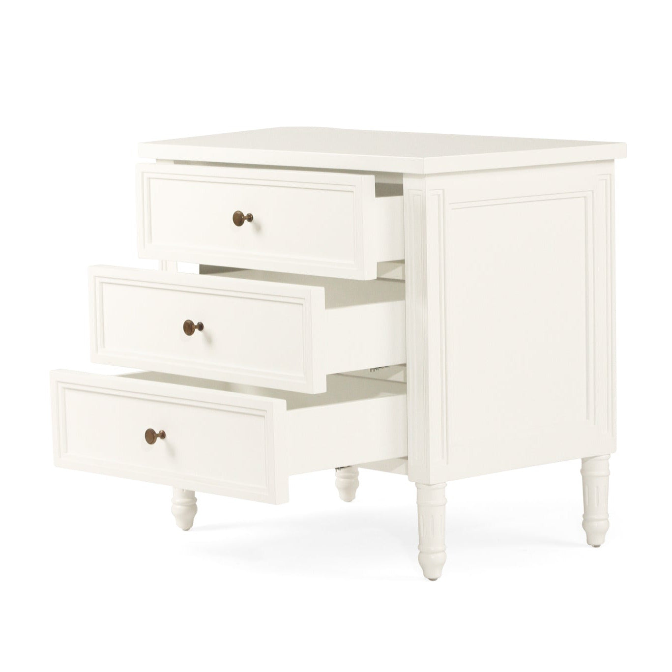 White dresser with three drawers on a white background