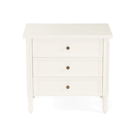 White nightstand with two drawers on a white background