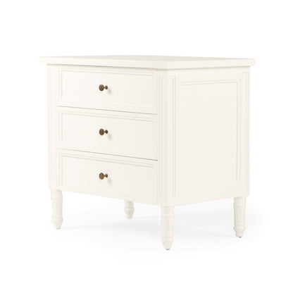 White dresser with three drawers on a white background