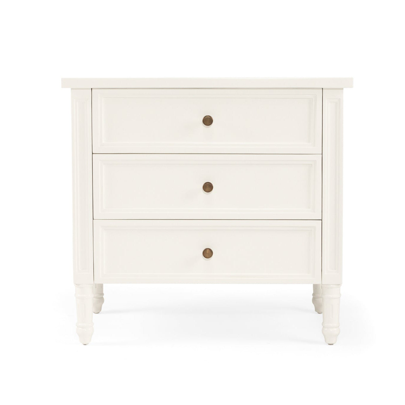 White nightstand with two drawers on a white background