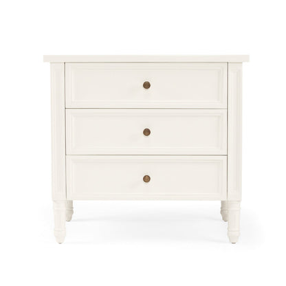 White nightstand with two drawers on a white background