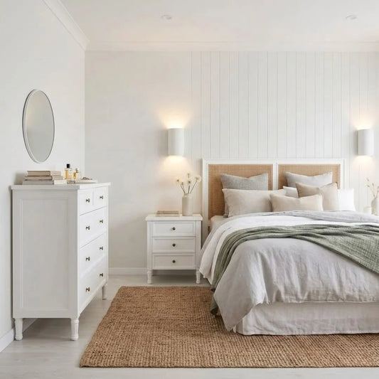 Neatly arranged bedroom with a bed, dresser, and side table.