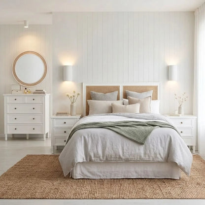 Neatly made bed with white bedding and green throw blanket in a bedroom setting.