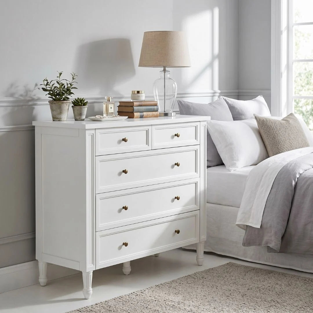 White dresser with decorative items in a bedroom setting