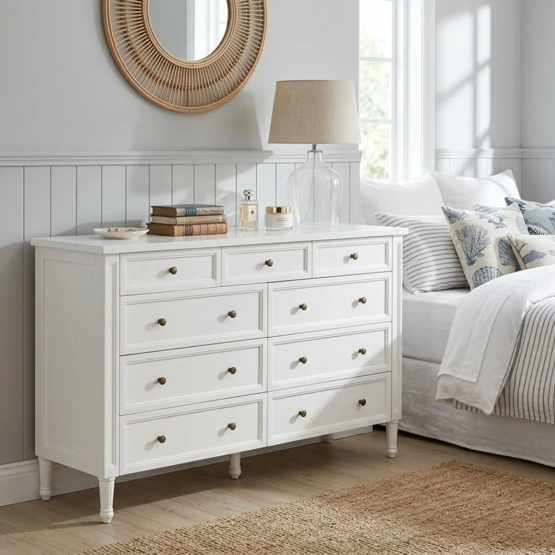 White dresser in a bedroom with a bed and decorative items.