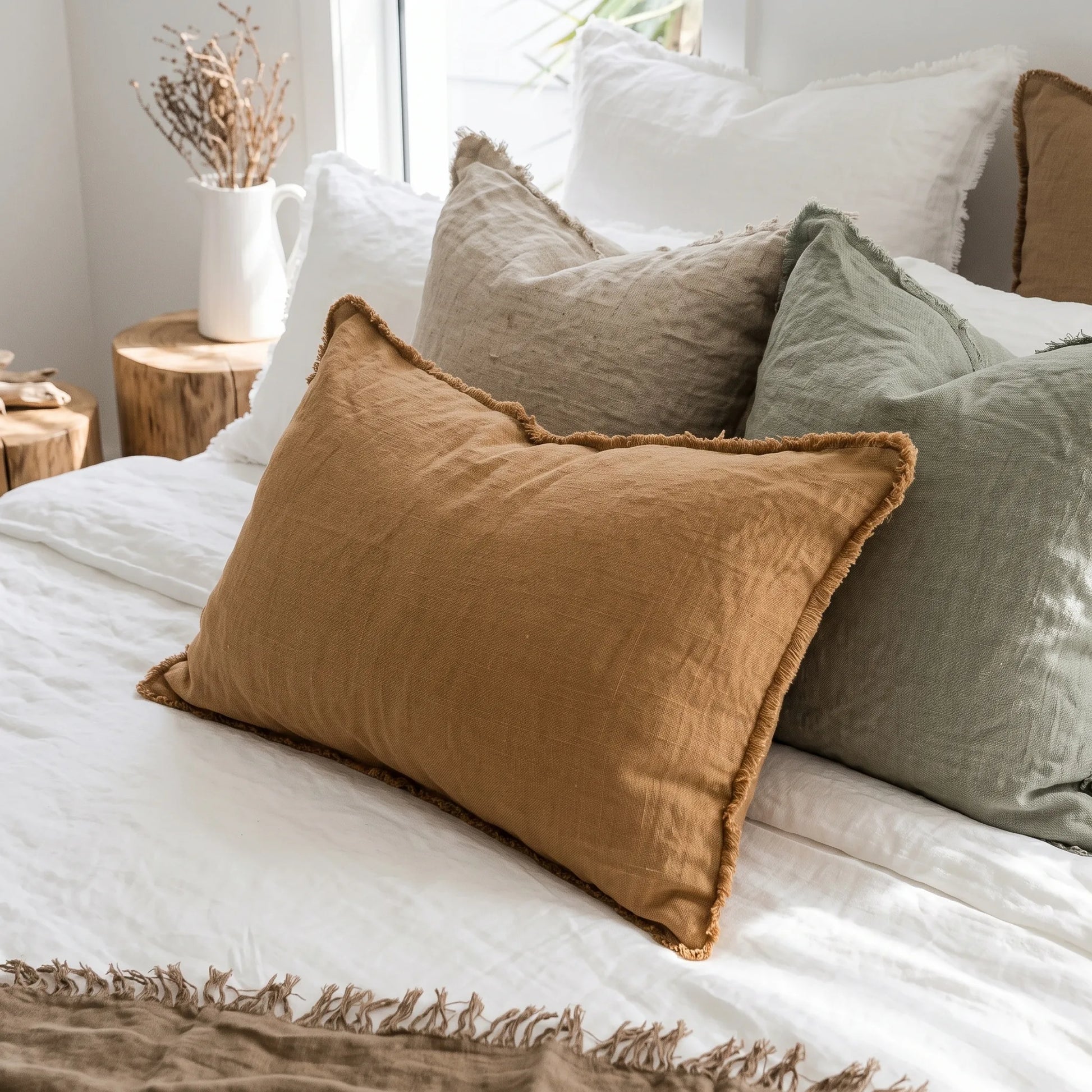 A styled bed with white bedding and multiple textured pillows in warm tan, taupe, and sage green, with a rustic wood side table and vase in the softly lit background.