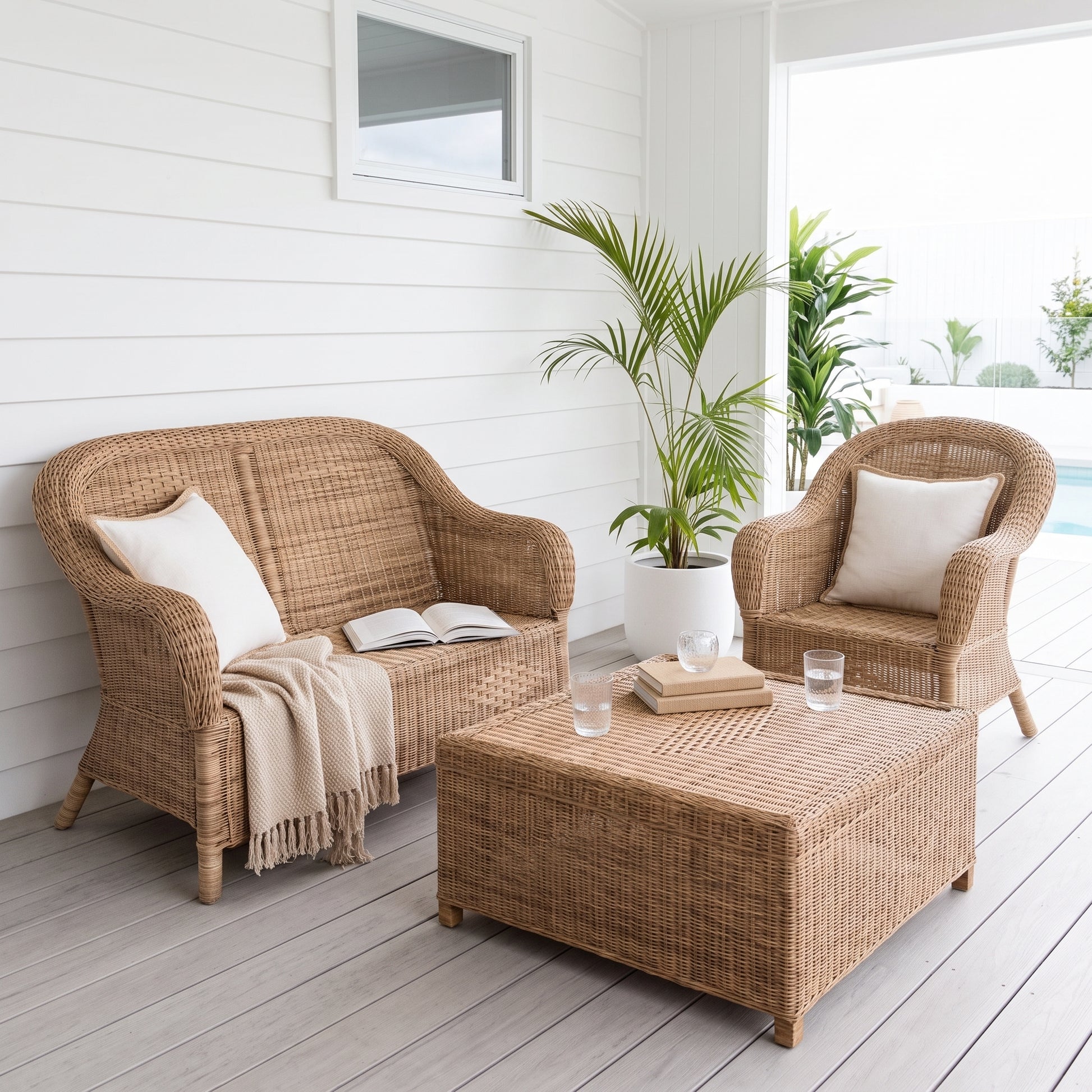 A three-piece outdoor wicker furniture set featuring a loveseat, an armchair, and a matching ottoman table, styled with neutral cushions and a throw blanket on a light gray deck next to a potted palm.