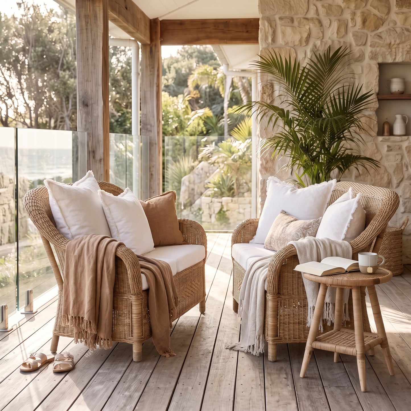 Two wicker armchairs with white and tan cushions, draped with beige throws, arranged on a wooden deck beside a small round side table on a sunlit porch with stone walls and a plant.