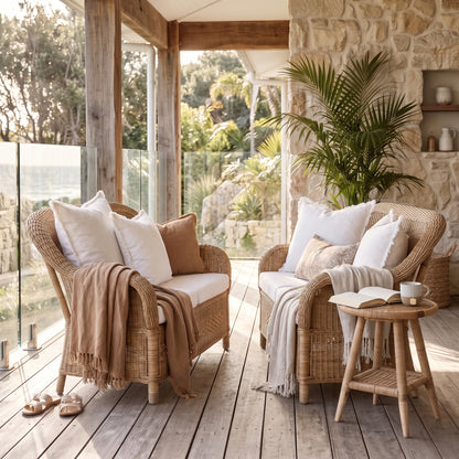Two wicker armchairs with white and tan cushions, draped with beige throws, arranged on a wooden deck beside a small round side table on a sunlit porch with stone walls and a plant.
