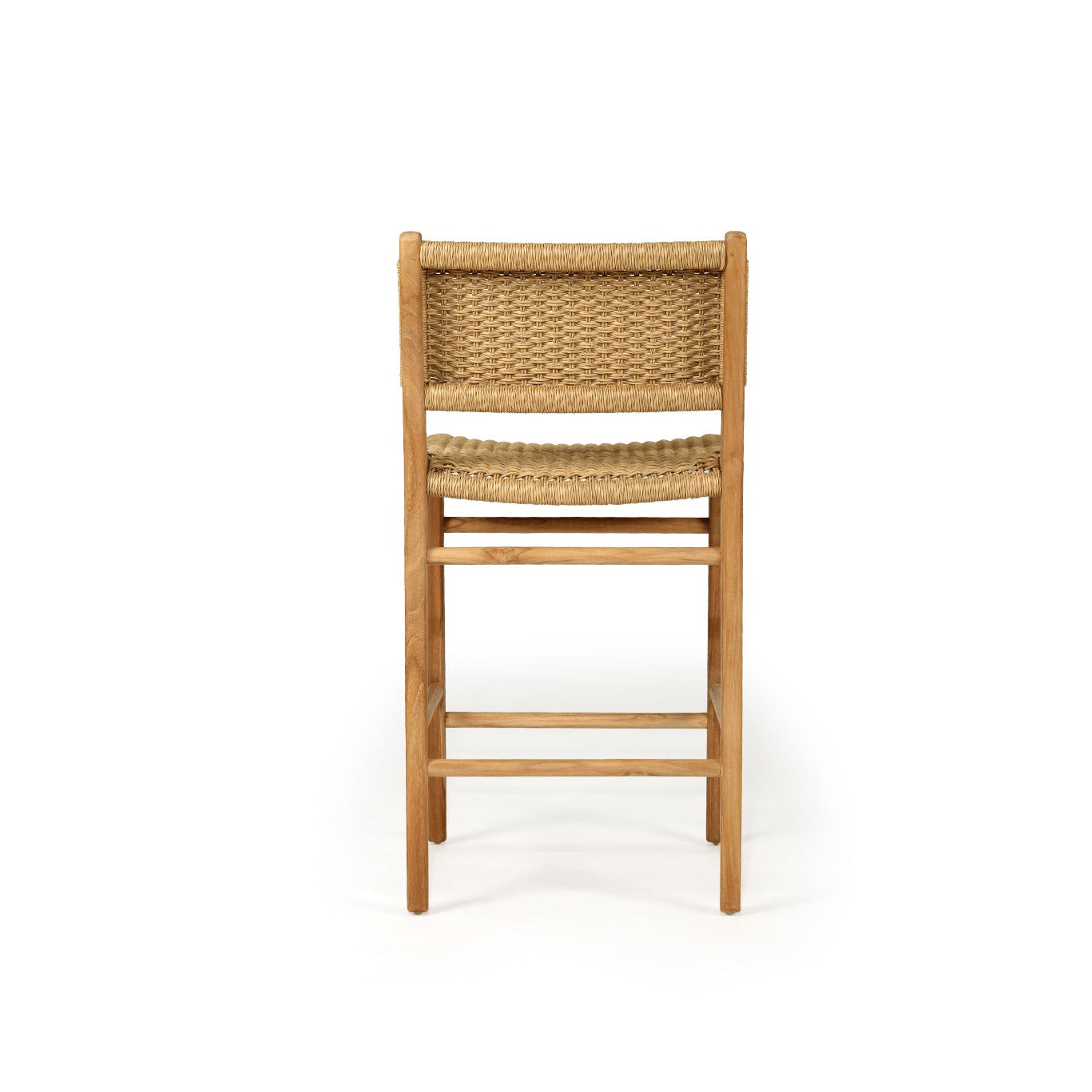 Wooden bar stool with woven backrest on a white background