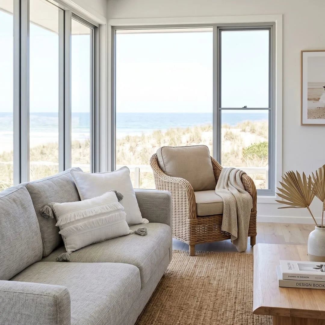 Living room with a sofa, armchair, and coffee table by large windows with a view of the ocean.