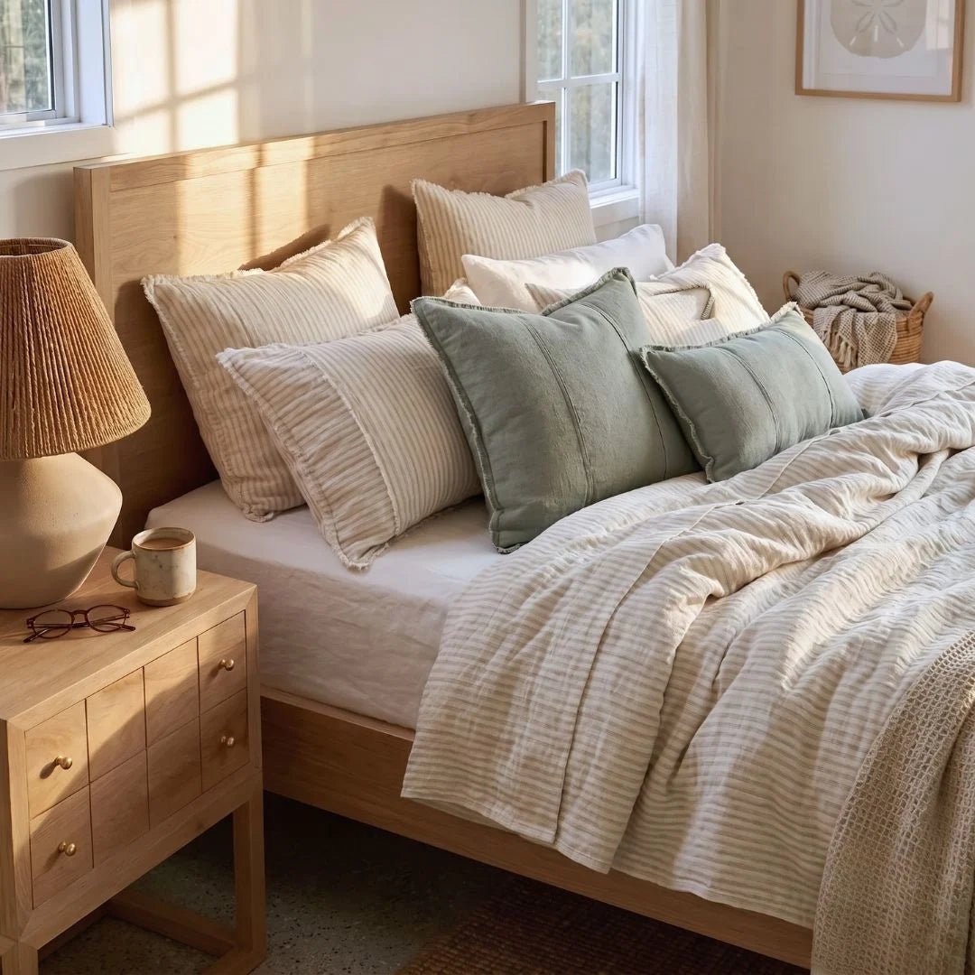 A cozy bedroom scene with a light wood bed frame, cream and beige striped bedding, and several sage green pillows. A matching wood nightstand with a beige lamp sits beside the bed, and soft natural light streams in from the windows.