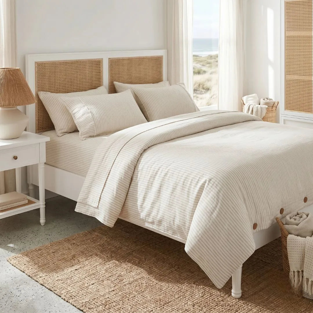 A neatly made bed in a bright, coastal-style bedroom featuring a cream and beige striped duvet cover and matching pillow shams, a woven cane headboard, a white nightstand with a lamp, and a window looking out to the ocean.
