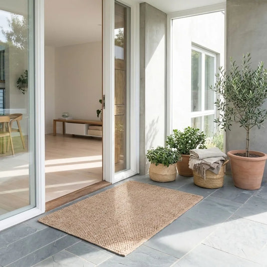 Modern interior with sliding glass door, plants, and a Sun Republic Eco floor mat.