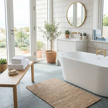 Modern bathroom with freestanding bathtub, wooden bench, and a Sun Republic Eco floor mat.