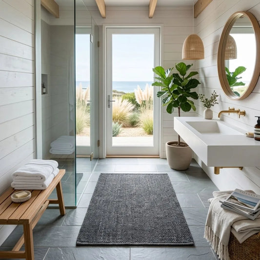 Modern bathroom with a glass shower door, wooden bench, and sink.