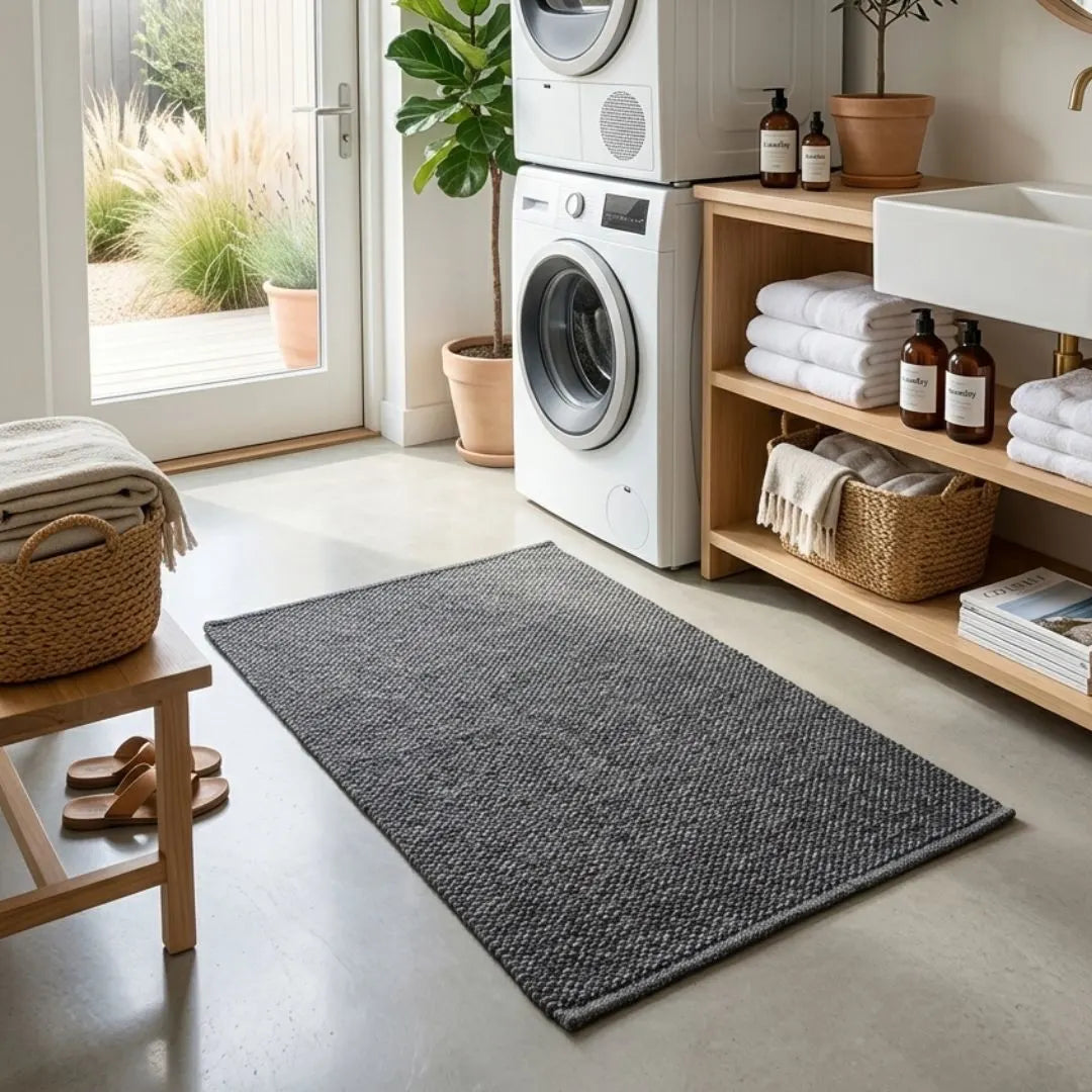 Laundry room with a gray rug, washer, dryer, and shelves with towels and cleaning supplies.