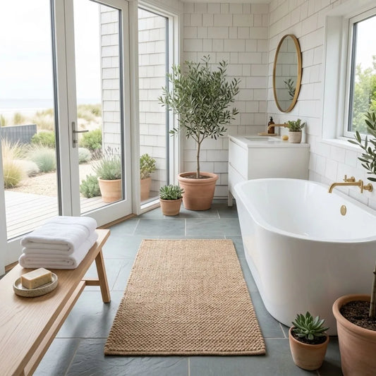 Modern bathroom with a freestanding bathtub, plants, and a wooden bench, and a Sun Republic Eco floor mat.