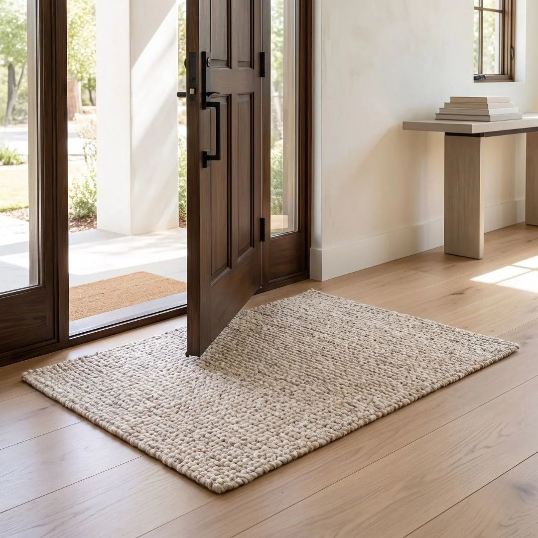 A rectangular woven entryway rug in a natural beige tone, shown on a light wood floor in front of an open dark wood door in a bright, modern interior.