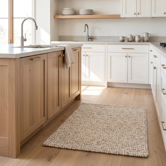 A rectangular woven jute rug in a natural beige color, placed on a light wood floor in a bright, modern kitchen with white cabinets and light wood countertops.