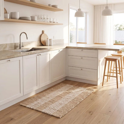 A rectangular woven jute runner rug in a neutral beige and off-white striped pattern, styled on a light wood floor in a bright, modern kitchen.