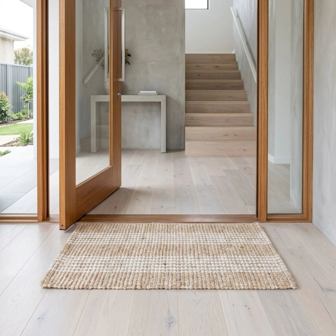 A rectangular woven jute doormat in a natural beige and off-white color, positioned on a light wood floor in front of glass double doors leading to a staircase.